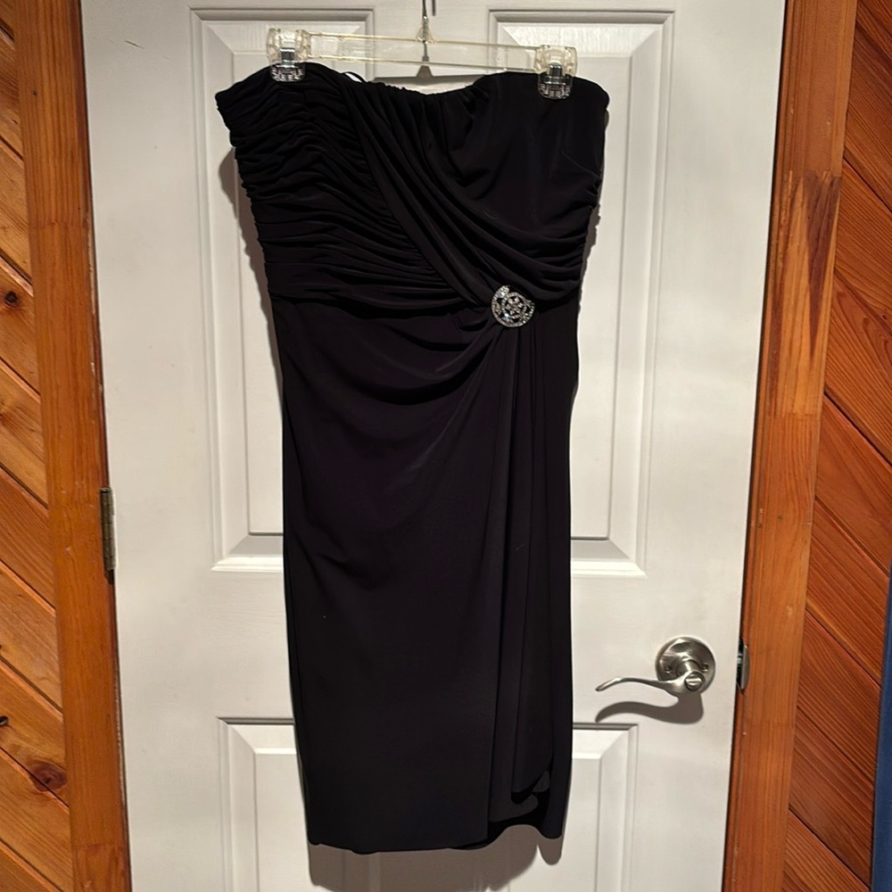Formal black strapless dress, above the knee.  Lovely shape